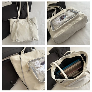 Detail view of white ita tote bag featuring transparent window and spacious interior