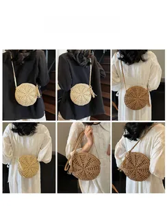 Close-up of the dense spiral woven pattern and stylish side tassel of this round straw bag