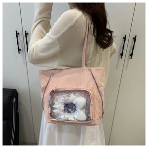Detailed view of pink nylon ita bag with transparent window and lace decoration