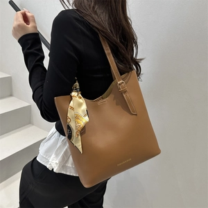 Minimalist brown PU leather tote bag with printed silk scarf decoration for daily commute