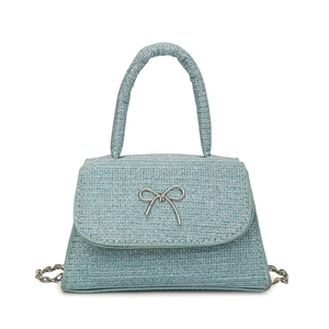 Blue glitter handbag for women with silver butterfly knot and chain shoulder strap
