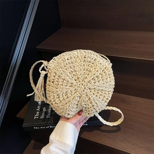 Round Straw Woven Crossbody Bag With Tassel Summer Beach Shoulder Purse For Women Bohemian Vacation