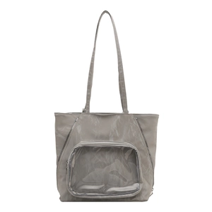 Gray large capacity tote bag for women featuring front transparent PVC pocket on white background