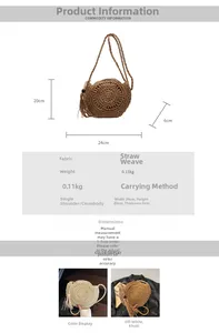 Detailed view of handmade round straw bags with tassels and precise size specifications