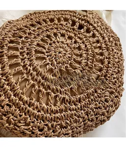 Detailed close-up of a circular handmade woven straw bag with hollow out floral pattern
