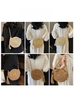 Detailed views of handmade round straw crossbody bag with tassels and wooden beads