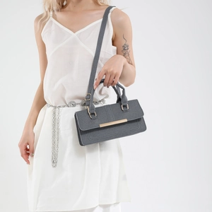 Chic dark grey canvas rectangular handbag with gold metal bar and adjustable strap