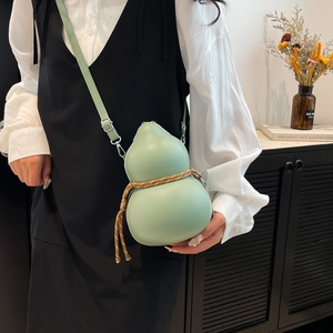 Unique light green gourd-shaped crossbody bag in smooth faux leather with woven rope detail