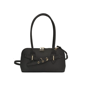 Minimalist black PU leather pillow bag with square texture and gold hardware details