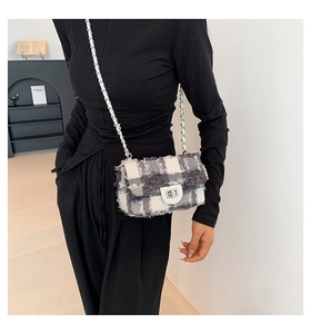 Detail of checkered tweed crossbody bag with silver twist lock and metal chain strap