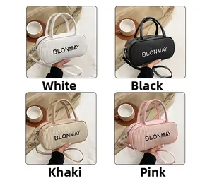 Detailed grid of cylindrical woven handbags in white, black, khaki, and pink colors