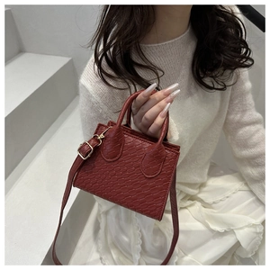 Detail showing deep red crocodile pattern leather texture on a mini crossbody handbag