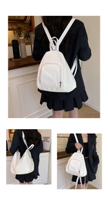 Three-way carry white PU leather bag shown in backpack, shoulder, and handbag styles
