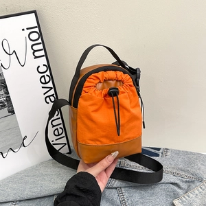 Women Drawstring Crossbody Bag Canvas PU Leather Patchwork Lightweight Fashion Mobile Phone Pouch Casual Daily Shoulder Bag