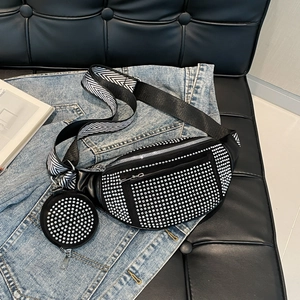 Fashion Women Rhinestone Waist Bag PU Leather Chest Bag With Small Round Pouch Adjustable Wide Strap Street Style Purse