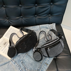 Fashion rhinestone waist bag with wide geometric strap and round coin purse on denim