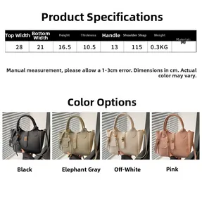 Detailed size chart and multi-color options for large capacity PU bucket crossbody bag