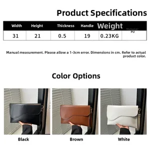 Detailed size chart for the PU leather envelope bag with specific dimensions and colors