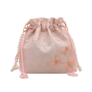 Borsa a secchiello rosa con farfalle e tracolla di perle per donna stile elegante