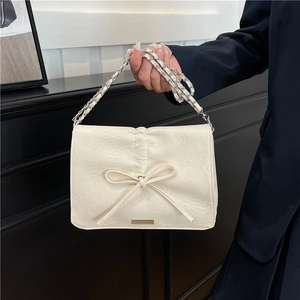 Women Niche Design Bowknot Shoulder Bag Vintage PU Leather Chain Crossbody Bag Korean Style Daily Flap Purse For Lady