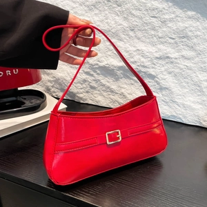 Metallic Shiny PU Leather Underarm Shoulder Bag For Women Minimalist Baguette Bag With Golden Metal Buckle Retro Style