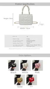 Detailed dimensions and color display of heart embossed mini crossbody bag with pearl handle