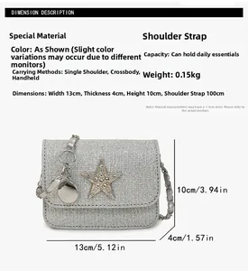 Detail view of silver sequin mini crossbody bag showing chain strap and dimensions