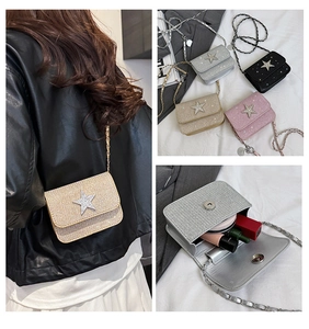 Detail view of mini sequin crossbody bag interior and four color options in display