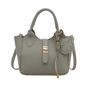 Grey large capacity soft leather tote bag with gold swivel lock and bear charm