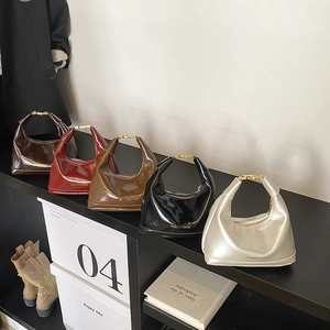 Women's Fashion Glossy PU Leather Dumpling Handbag Minimalist Hobo Shoulder Bag With Gold Metal Buckle Versatile Commute Crossbody Bag