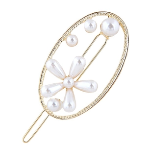 Barrette dorée style français avec fleur de marguerite en perles et design ovale géométrique