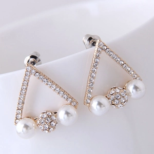 Elegant gold hollow triangle earrings with shimmering diamonds and white pearls