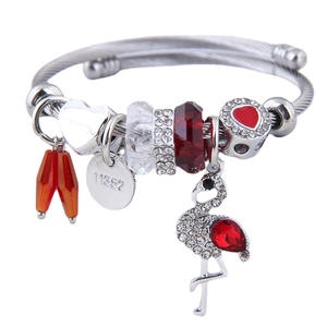 Bracciale In Filo D'acciaio E Lega Con Ciondolo Fenicottero E Cuori Di Cristallo Elegante Bangle Per Donna