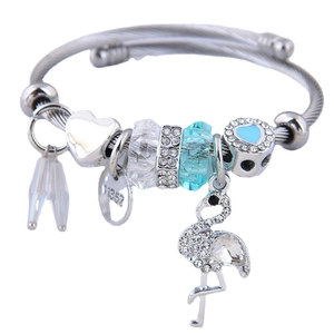 Bracciale a cavo ritorto argento con ciondolo a fenicottero e strass per le donne
