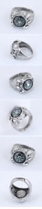 Detailed views of vintage silver compass ring featuring scale textures and open band design
