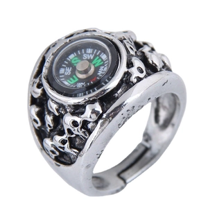 Retro skeleton compass ring in vintage silver finish with adjustable open band design