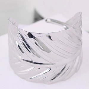 Modern silver leaf textured wide open cuff bracelet with detailed feather veins