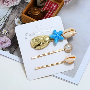 Dreiteiliges Haarspangen-Set im Meeres-Design mit goldenem Seestern und Kunstperlen