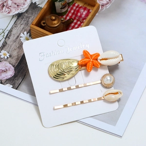 Haarklammer-Set im Marine-Stil mit orangefarbenem Seestern, Muscheln und Perlen