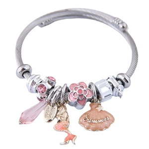 Bracelet à breloques style Pandora avec cristaux roses et pendentifs en coquillage