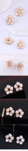 Detail of floral earrings with opal stones and golden metal base on a black display