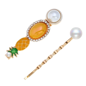 Korean Style Pineapple Artificial Pearl Hair Clip Set For Women Gold Alloy Rhinestone Resin Fruit Design Side Clip Hair Accessories