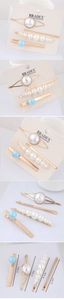 Detail van 4-delige parel- en gouden haarspeldjes set met afmetingen 5,8 cm tot 6,5 cm