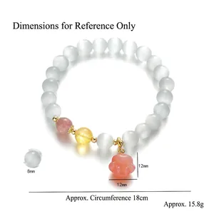 Pink cat paw charm bracelet with strawberry quartz and 8mm cat eye beads for women