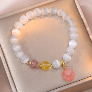 Strawberry Quartz Cat Eye Stone Bracelet With Cute Pink Cat Paw Charm Korean Style Fashion Jewelry Gift For Women
