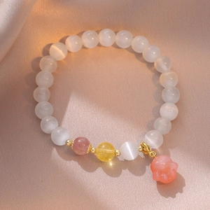 Cat claw charm strawberry crystal bracelet with cat-eye beads and gold spacer rings