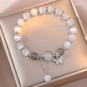 Bracciale di Perline in Pietra Occhio di Gatto con Ciondolo a Farfalla in Lega Argento Strass Scintillanti Gioielli da Donna