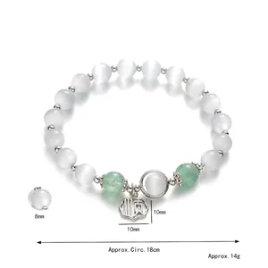 Perlenarmband mit Katzenaugenstein und Silberanhänger mit Glücksschriftzug