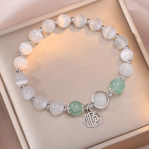 Damen Katzenaugenstein Perlenarmband Mit Chinesischem Schriftzeichen Shun Anhänger Legierung Akzente Süßer Stil Schmuck