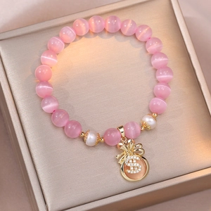 Bracelet Perles Pierre Oeil De Chat Rose Perle Eau Douce Pendentif Sac Argent Or Strass Bijou Doux Elégant Pour Femme